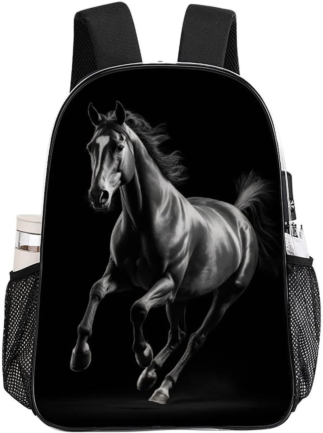 Women Men Transparent Animal Black Wild Horse Casual Daypack Large Capacity Bookbag With Side Pockets for Sports Picnic Walking Cycling