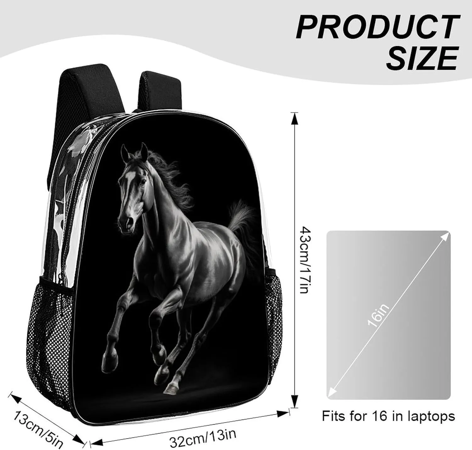 Women Men Transparent Animal Black Wild Horse Casual Daypack Large Capacity Bookbag With Side Pockets for Sports Picnic Walking Cycling