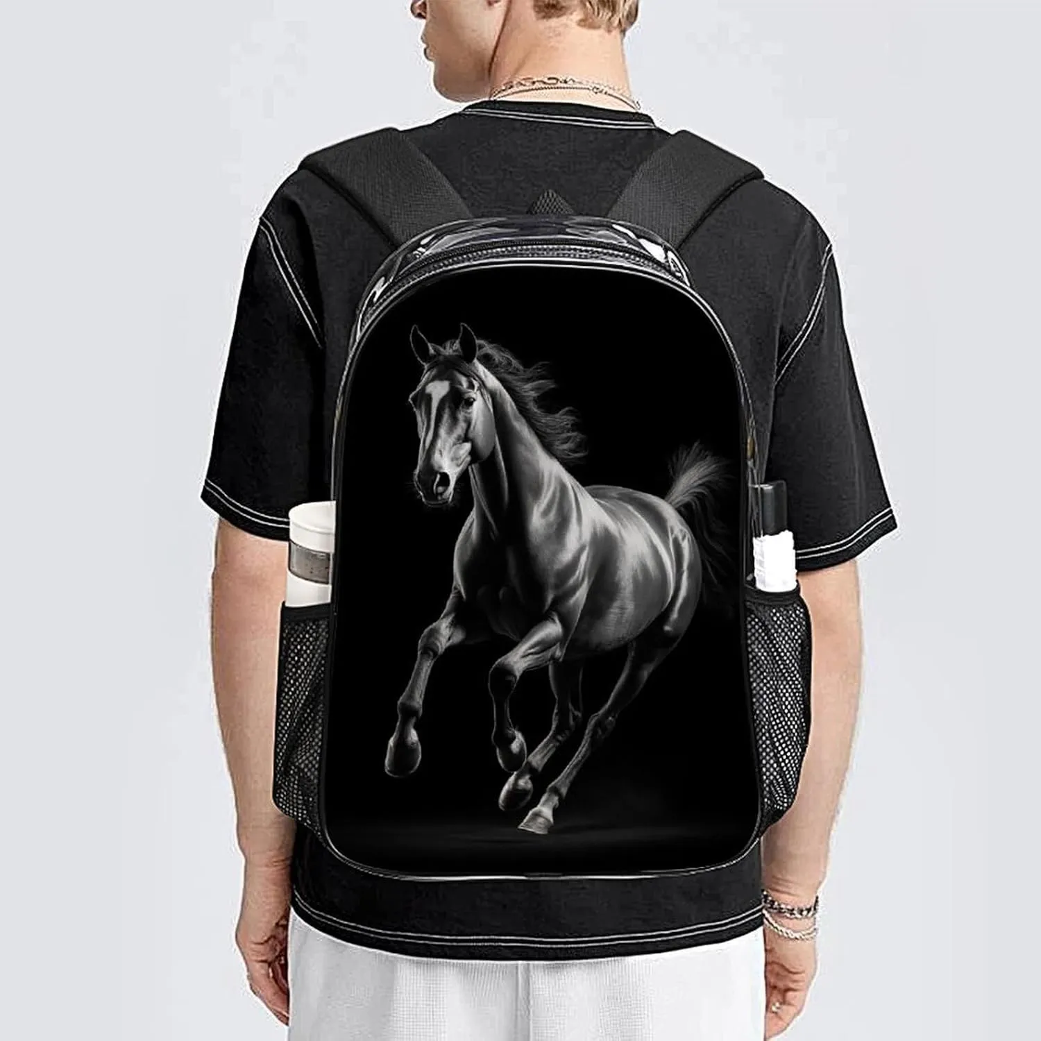 Women Men Transparent Animal Black Wild Horse Casual Daypack Large Capacity Bookbag With Side Pockets for Sports Picnic Walking Cycling