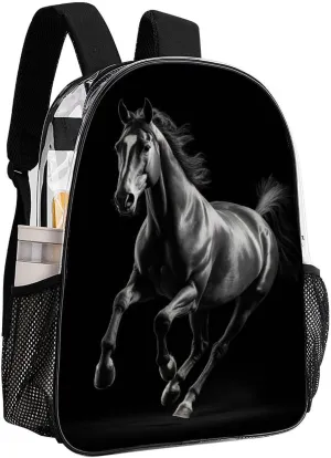Women Men Transparent Animal Black Wild Horse Casual Daypack Large Capacity Bookbag With Side Pockets for Sports Picnic Walking Cycling