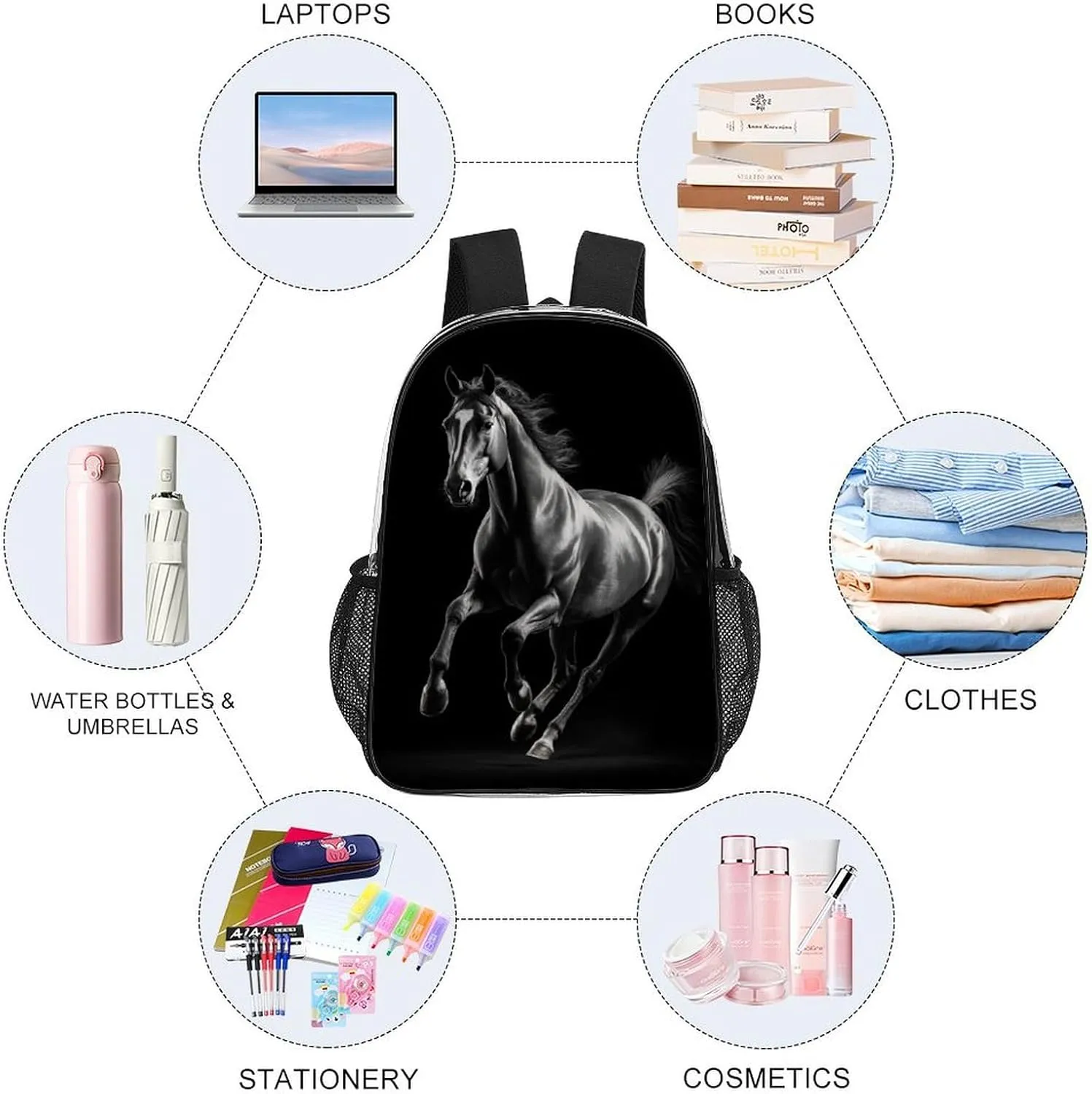Women Men Transparent Animal Black Wild Horse Casual Daypack Large Capacity Bookbag With Side Pockets for Sports Picnic Walking Cycling