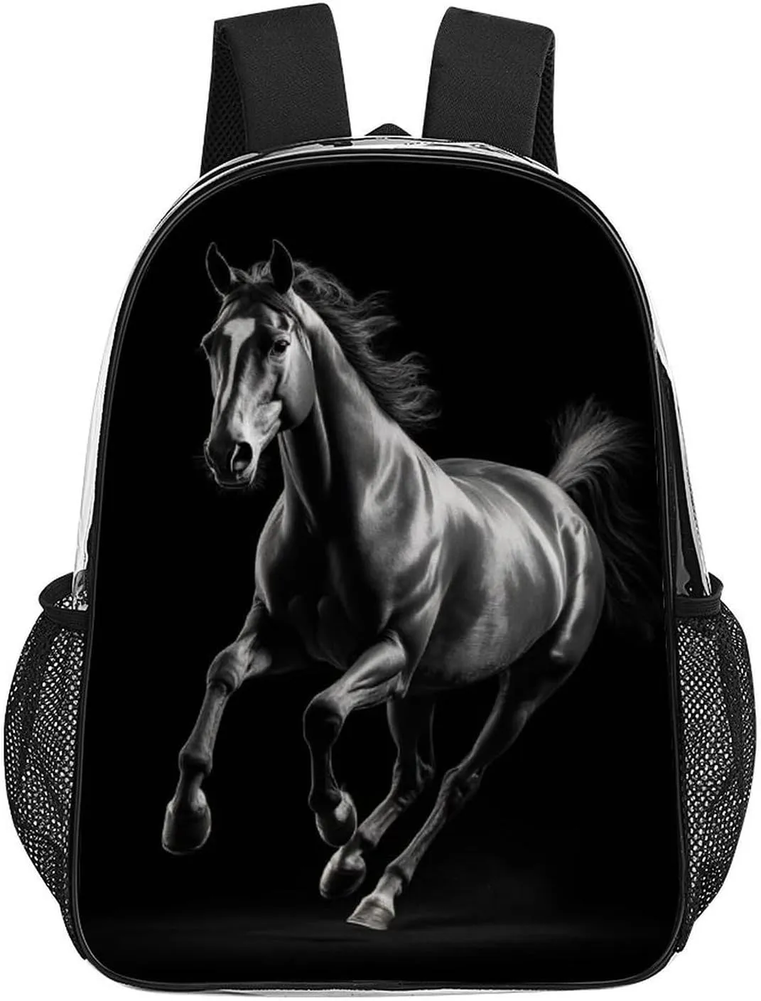 Women Men Transparent Animal Black Wild Horse Casual Daypack Large Capacity Bookbag With Side Pockets for Sports Picnic Walking Cycling