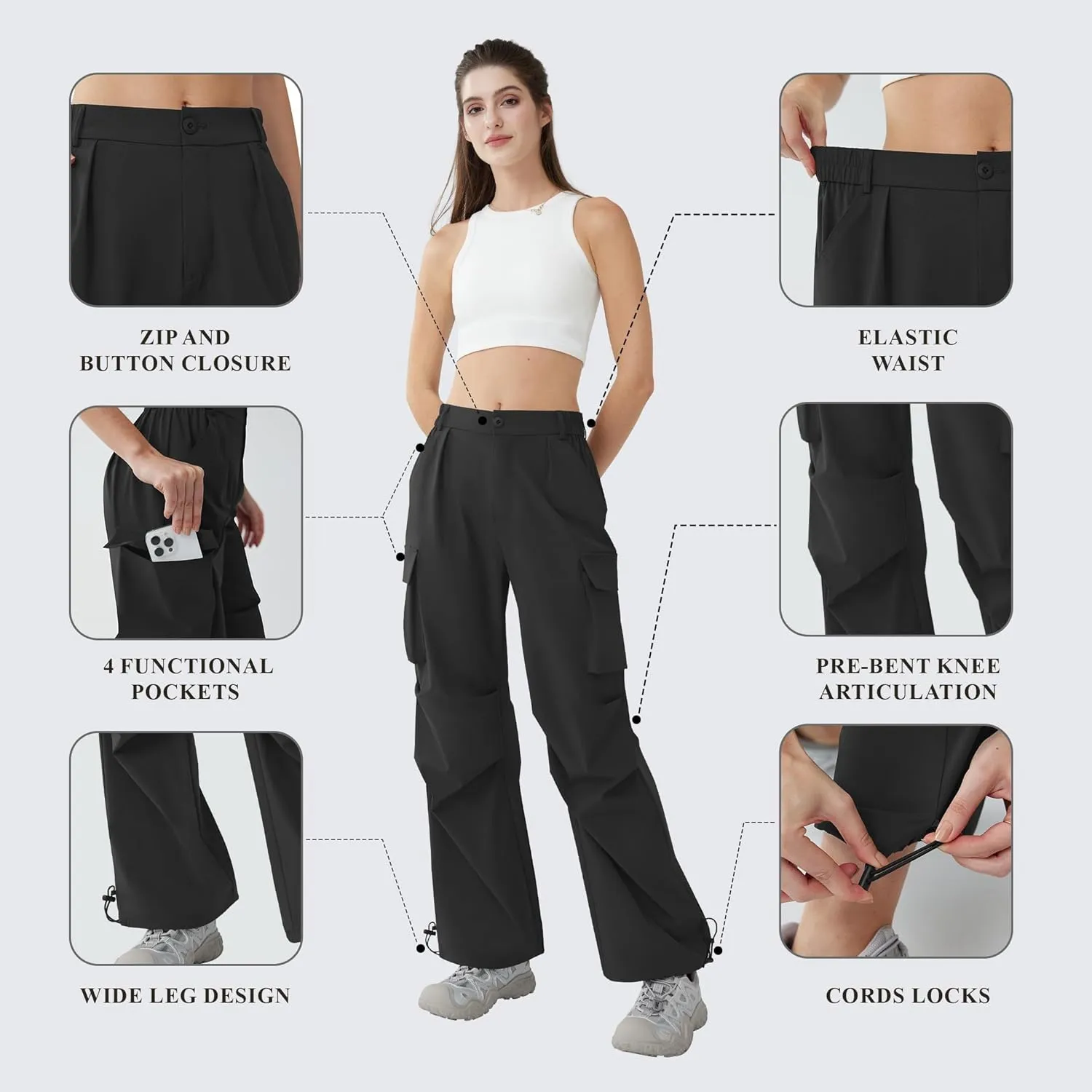 Women’s Hiking Pants Wide Leg Cargo Pants Quick Dry Lightweight Water-Resistant Travel Casual Trousers with 4 Pockets
