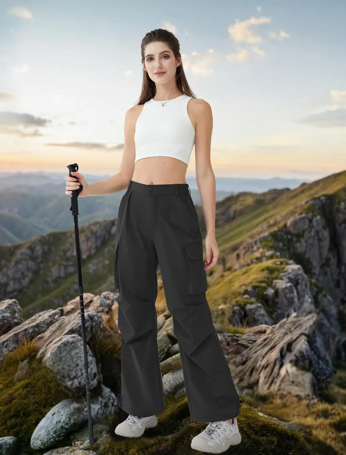 Women’s Hiking Pants Wide Leg Cargo Pants Quick Dry Lightweight Water-Resistant Travel Casual Trousers with 4 Pockets