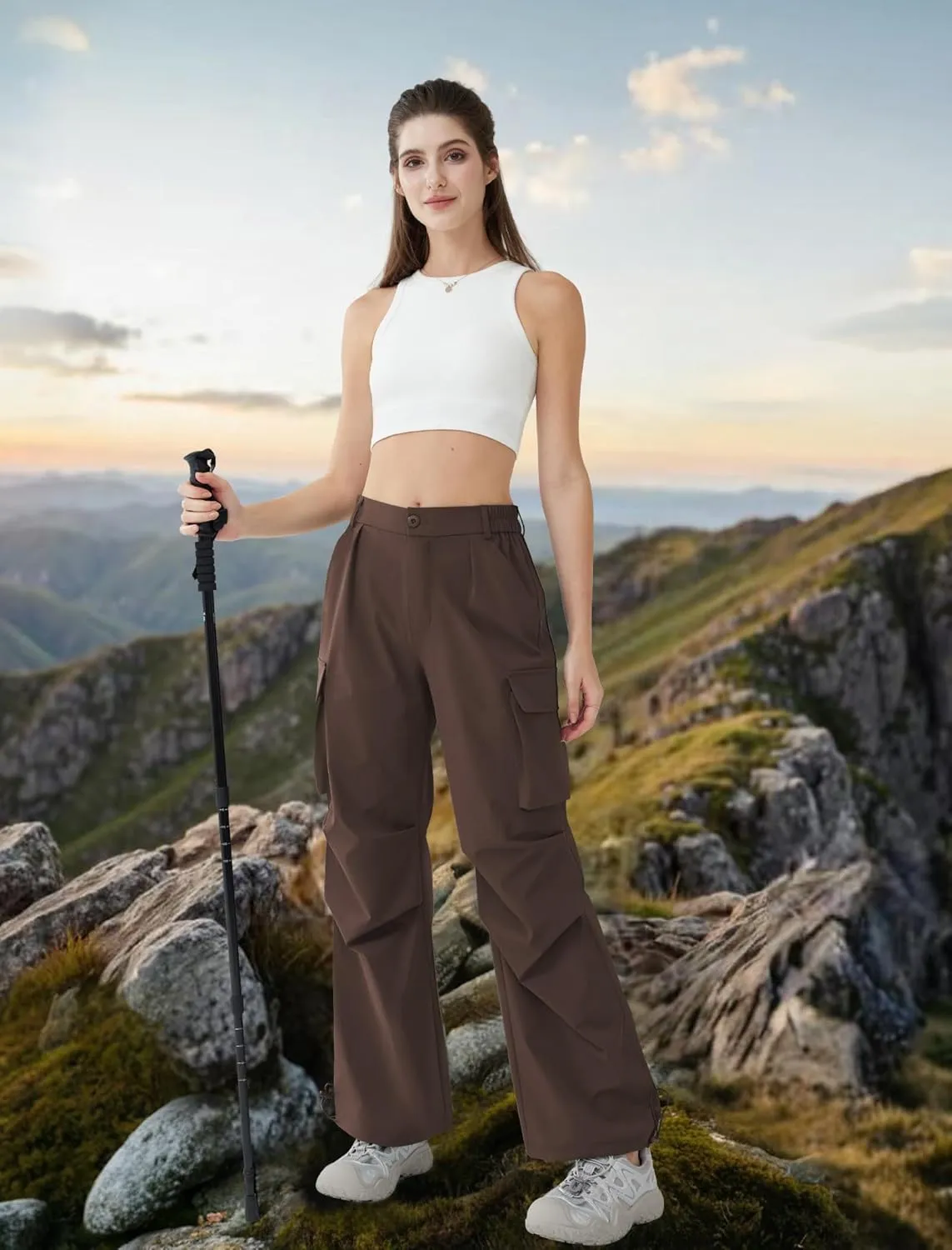 Women’s Hiking Pants Wide Leg Cargo Pants Quick Dry Lightweight Water-Resistant Travel Casual Trousers with 4 Pockets
