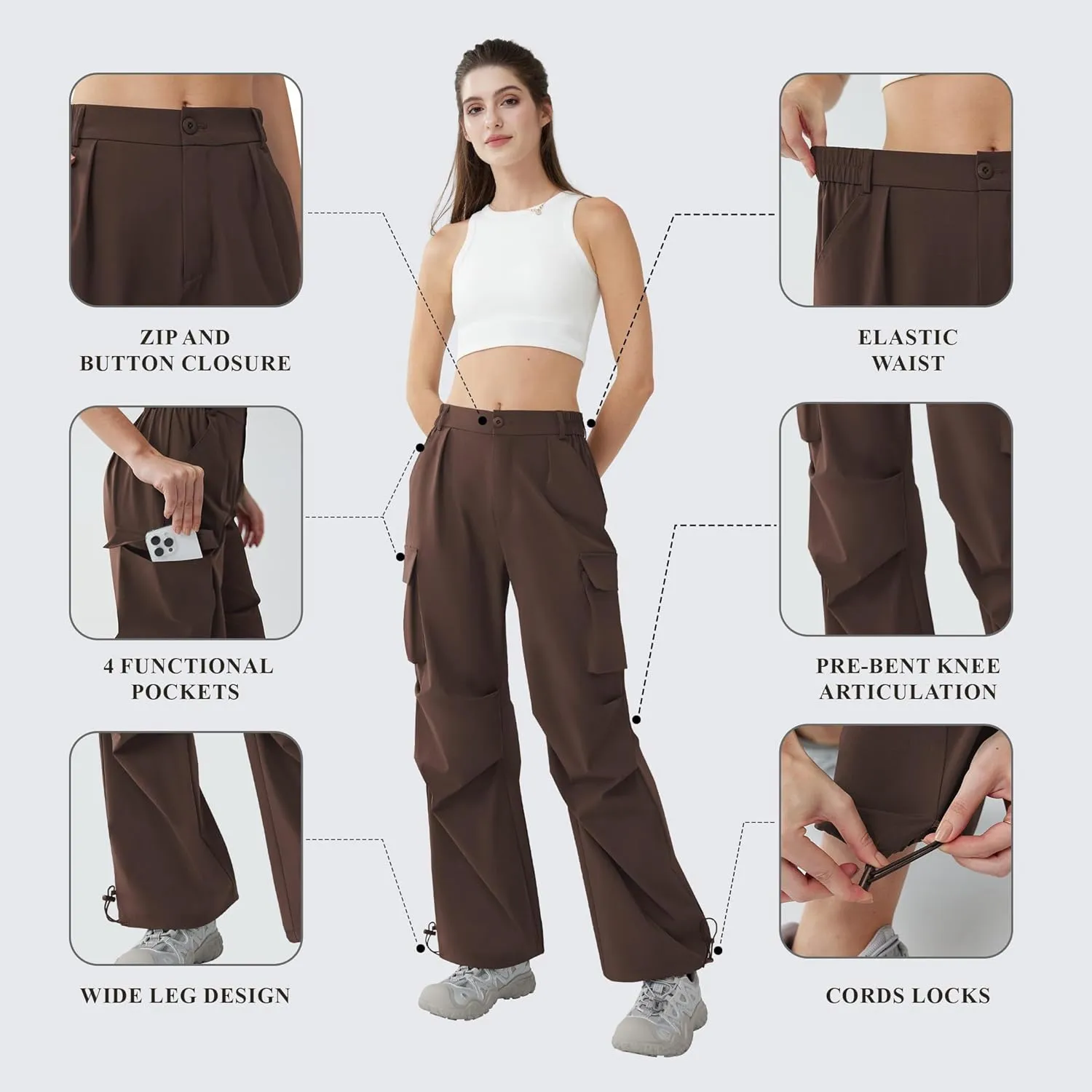 Women’s Hiking Pants Wide Leg Cargo Pants Quick Dry Lightweight Water-Resistant Travel Casual Trousers with 4 Pockets