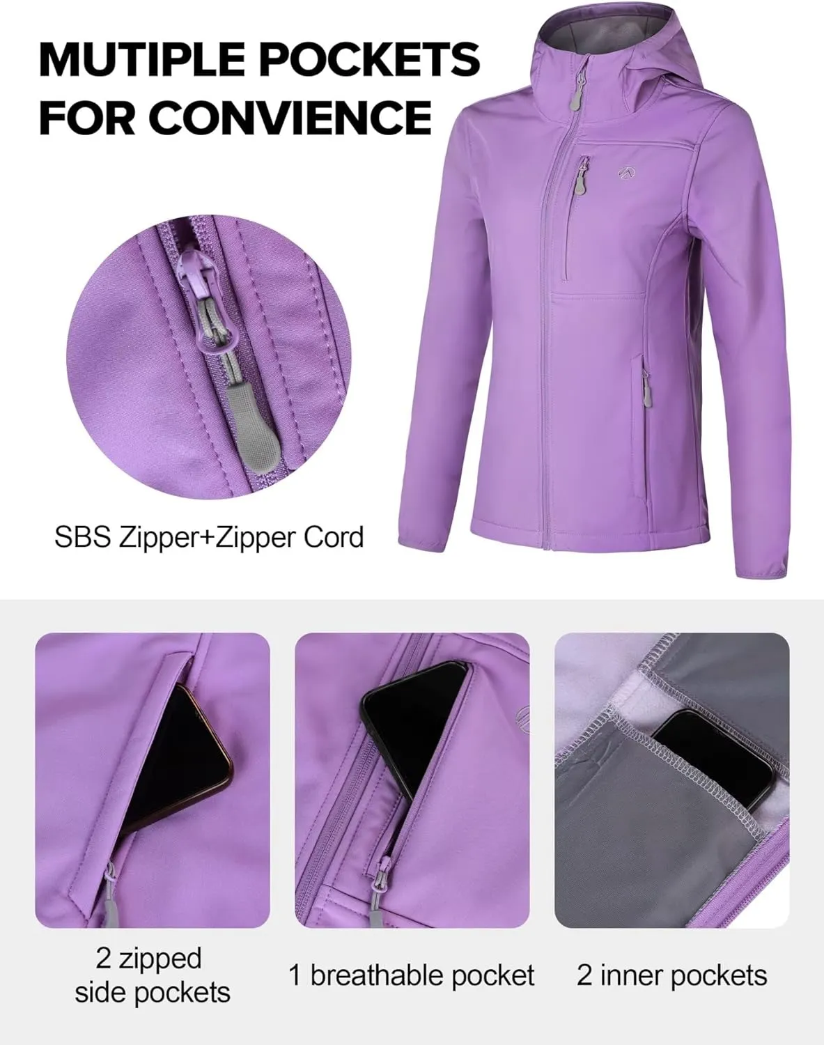 Women's Softshell Jacket with 5 Pockets, Hooded Insulated Windbreaker, Warm Fleece Coat for Hiking Camping Cycling