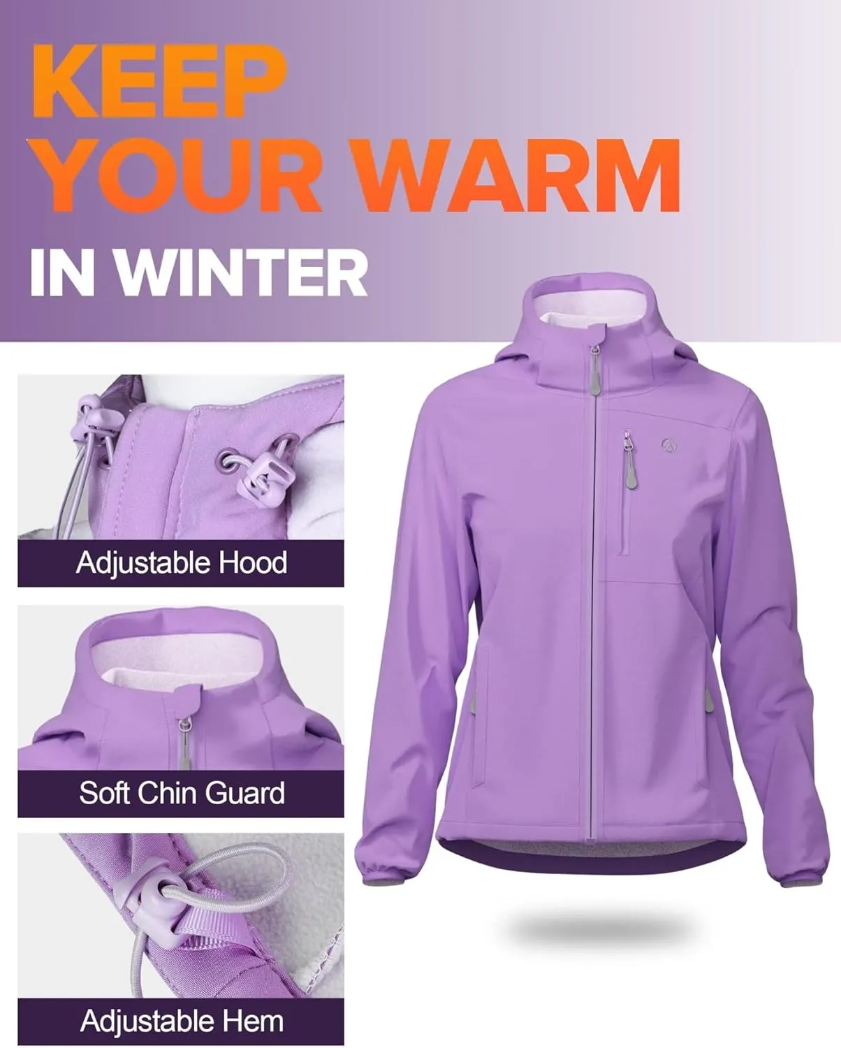 Women's Softshell Jacket with 5 Pockets, Hooded Insulated Windbreaker, Warm Fleece Coat for Hiking Camping Cycling