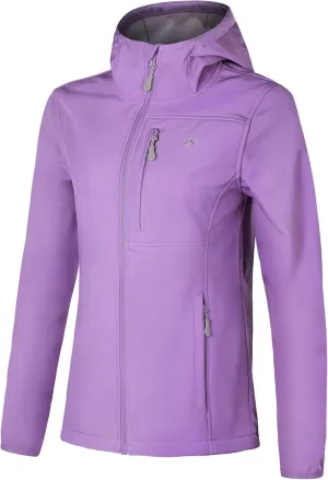 Women's Softshell Jacket with 5 Pockets, Hooded Insulated Windbreaker, Warm Fleece Coat for Hiking Camping Cycling