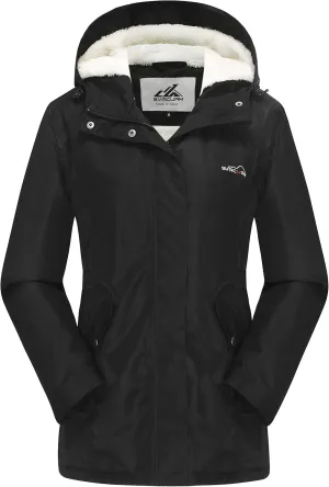 Women's Waterproof & Windproof Ski Hooded Jacket Winter Fleece Parka Rain Coats for Hiking