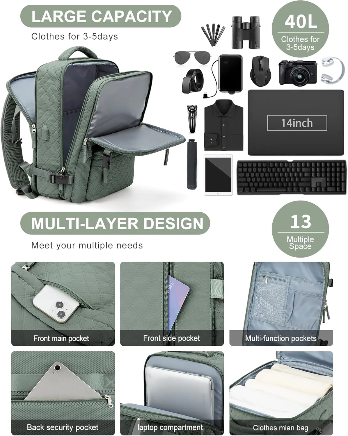 WONHOX Large Travel Backpack Carry on Flight Approved Laptop Work Business Backpack for Women Men Mochila de Viaje