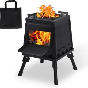 Wood Burning Camp Stove with Retractable and Foldable Legs, Outdoor Portable Camping Carbon Steel with Pot Stand & Carrying Bag for Picnic Outdoor Backpacking Hiking Cooking, Black (Large)