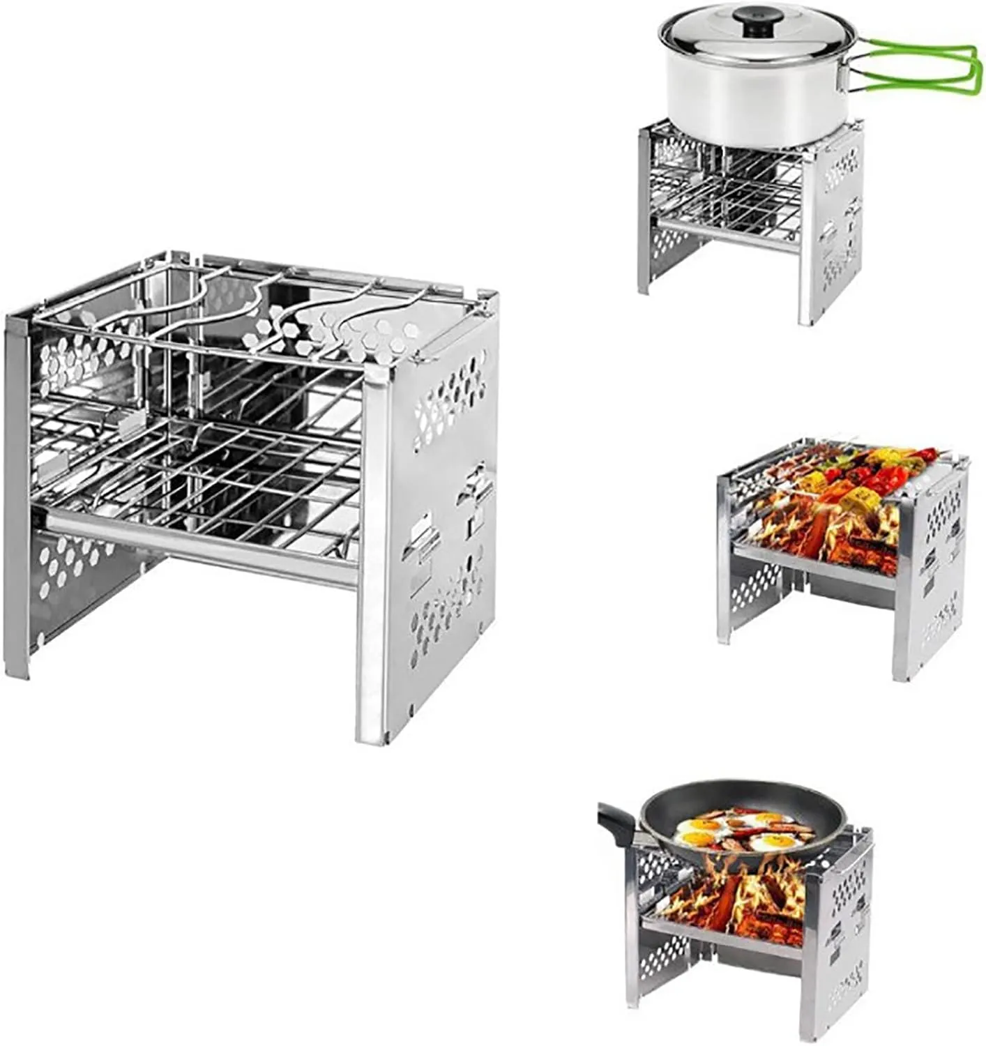 Wood Burning Camping Stove Folding Portable Stainless Steel Backpacking Stove for Outdoor Hiking Camping, BBQ, Grilling, Cooking Foldable Grill Camping Wood Stove