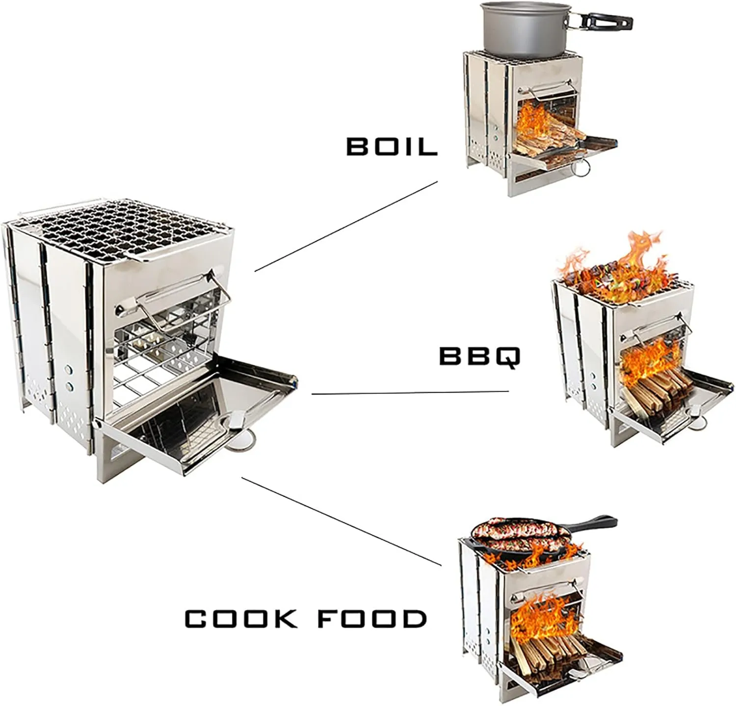 Wood Burning Camping Stove Folding Portable Stainless Steel Backpacking Stove for Outdoor Hiking Camping, BBQ, Grilling, Cooking Foldable Grill Camping Wood Stove