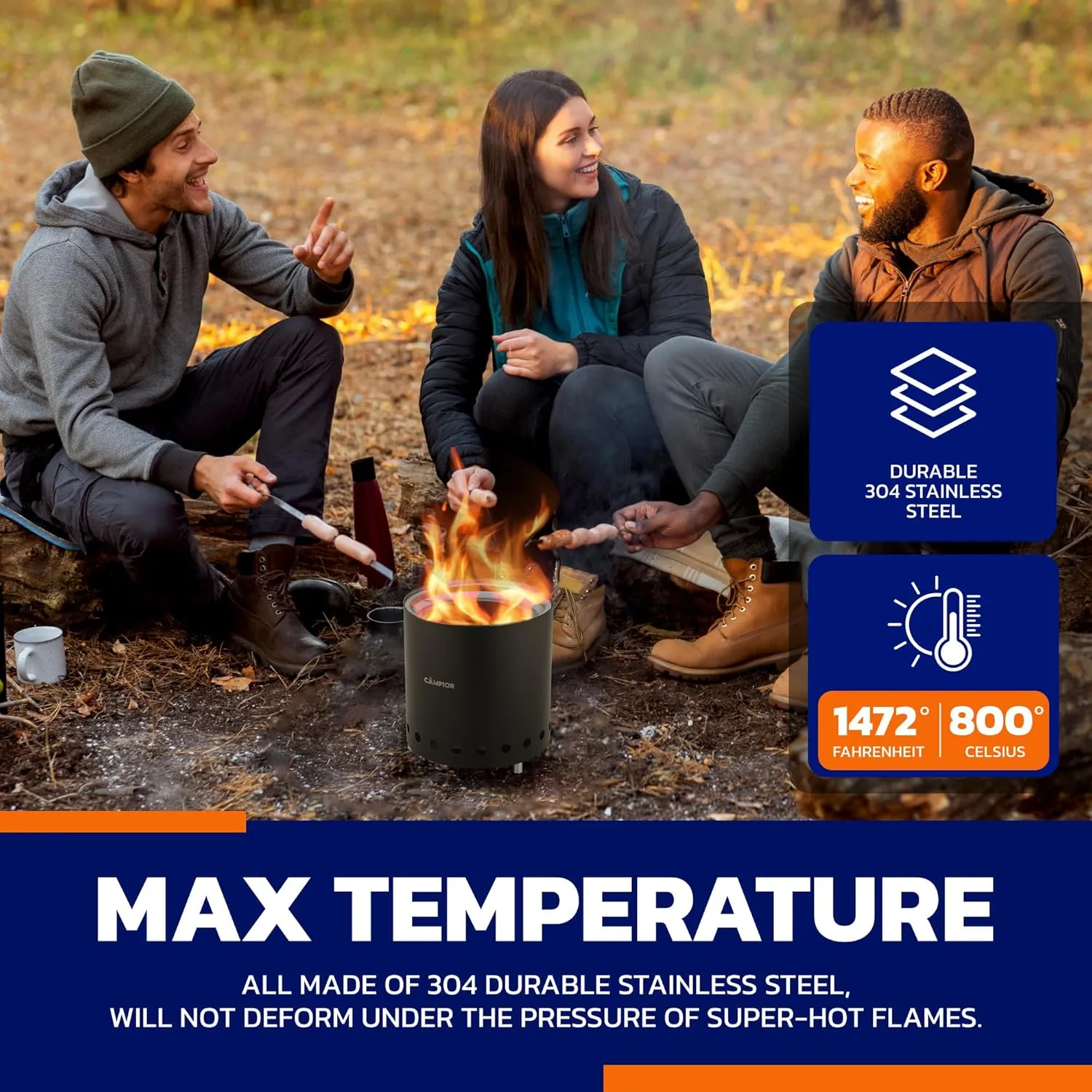 Wood Burning Fire Pit Stove with Black Exterior - Smokeless Outdoor Stove for Efficient Wood Fires, Camping, and Gatherings, Stainless Steel with Removable Ash Pan, Stand and Carry Bag