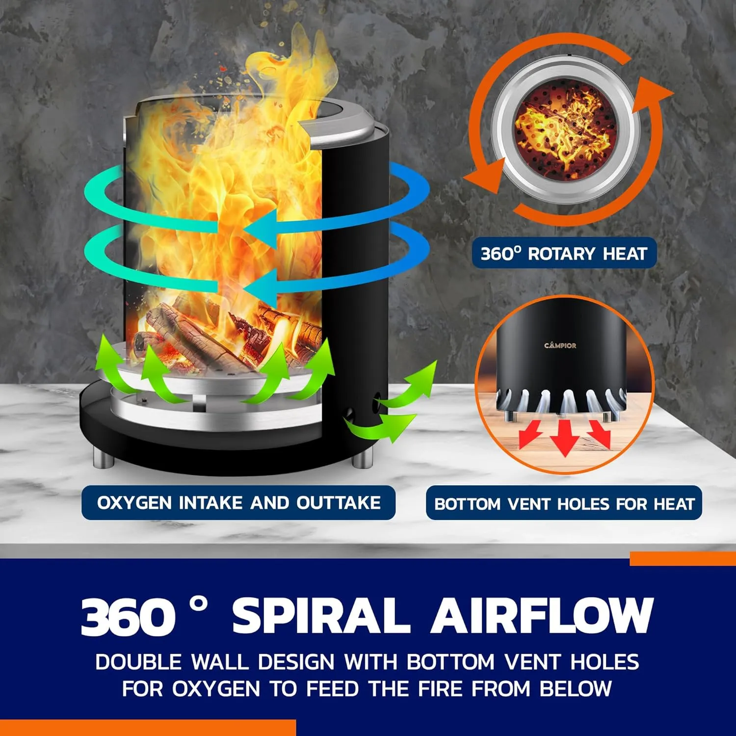 Wood Burning Fire Pit Stove with Black Exterior - Smokeless Outdoor Stove for Efficient Wood Fires, Camping, and Gatherings, Stainless Steel with Removable Ash Pan, Stand and Carry Bag