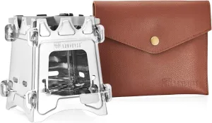Wood Burning, Stainless Steel, Camping Stove.Compact Folding Collapsible and Lightweight. Ideal for Backpacking or Camping with Leather Carry Pouch