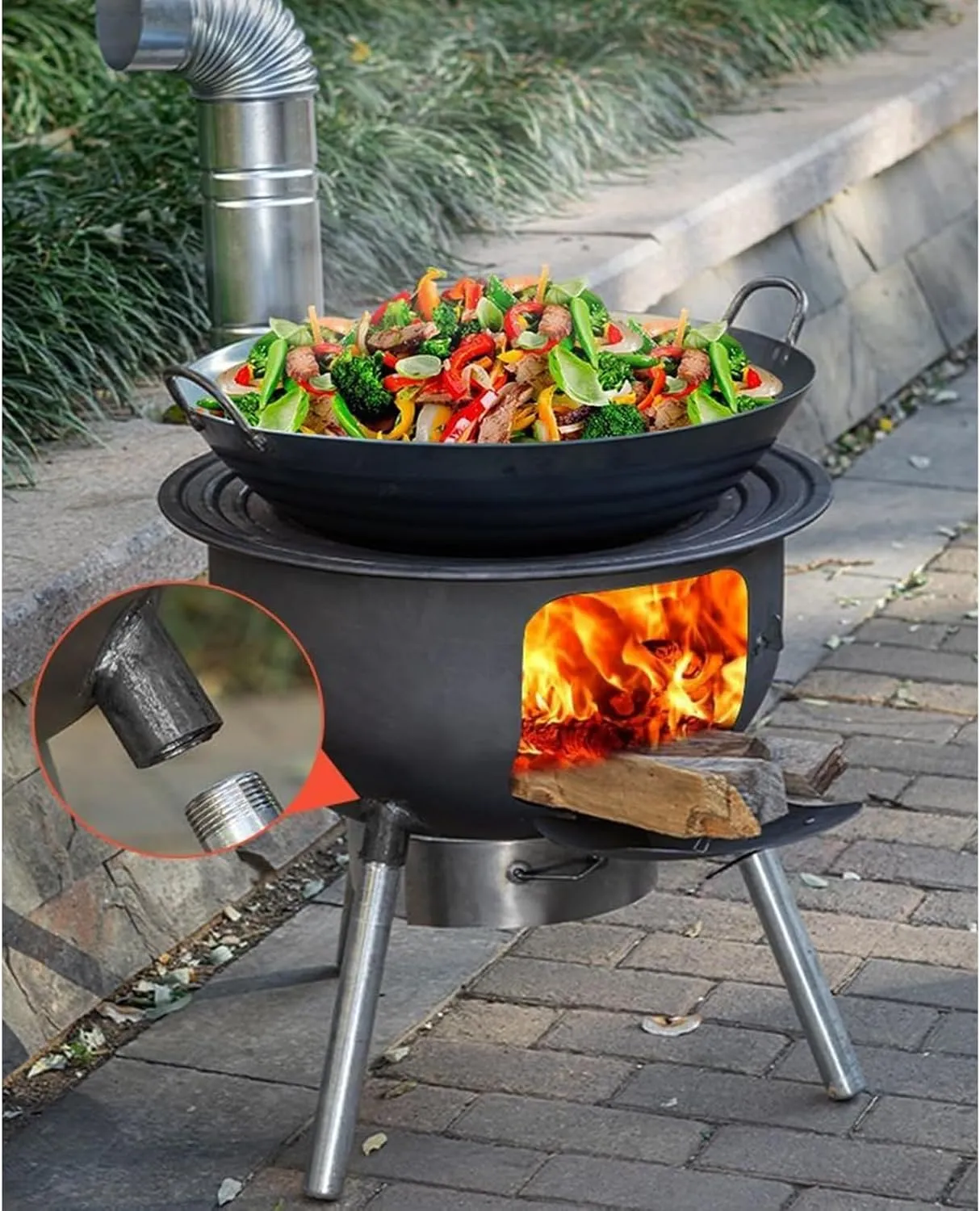 Wood Burning Stove, Outdoor Pot Belly Stove for Cooking, Camping with Chimney Pipes, Detachable Firewood BBQ Picnic