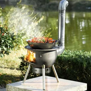 Wood Burning Stove, Portable Camping Wood Stove with Grill & Chimney Pipe Multifunctional Rocket Stoves for Outdoor Cooking Woods Burning Tent Stove for Backyard Patio
