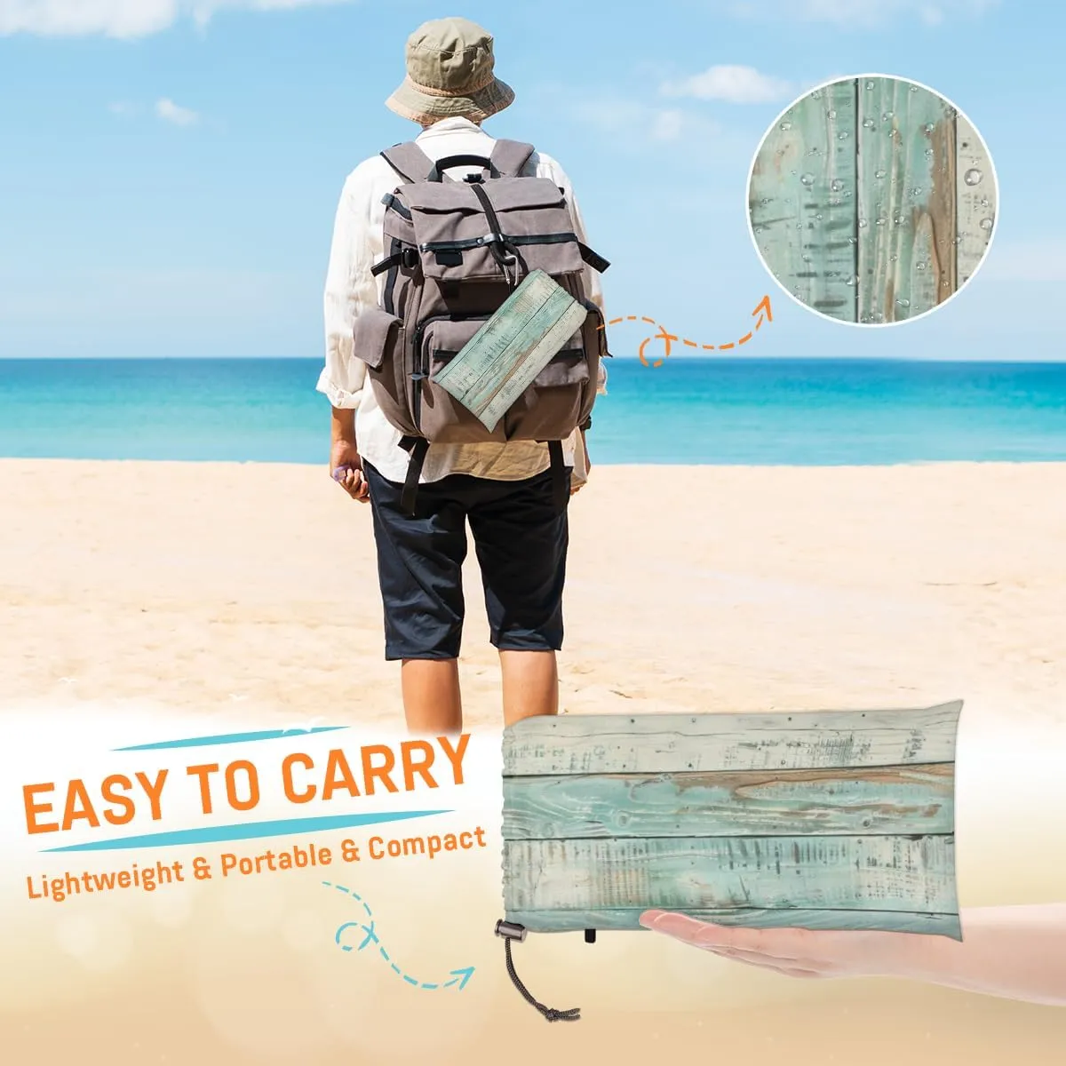 Wood Grain Beach Blanket, Sandproof Beach Mat, Adults Waterproof Quick Drying Sand Free Mat with 4 x Ground Spikes for Outdoor Travel Camping Hiking, Vintage Wood