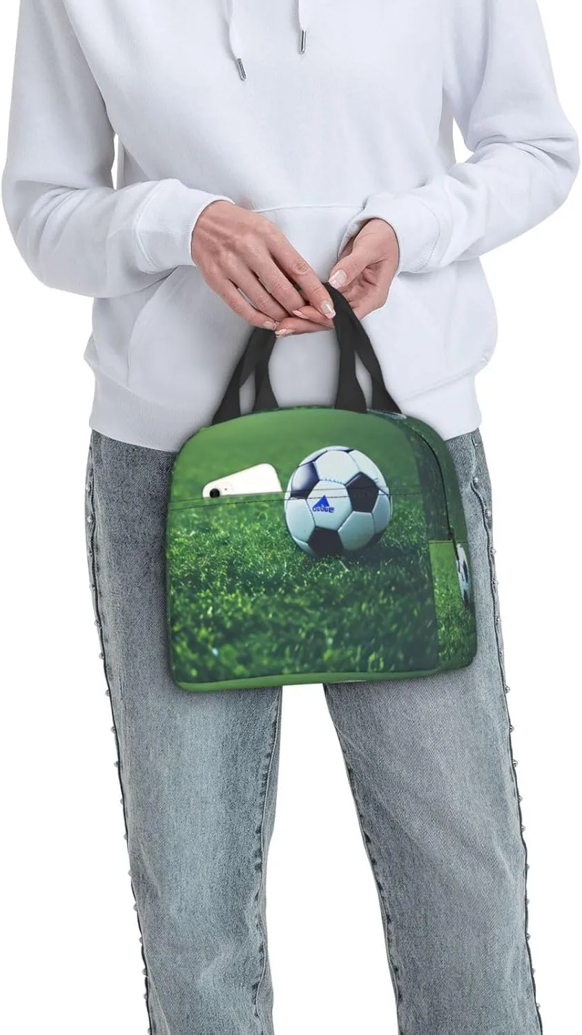 Work Lunch Box,Soccer Ball On Grassy Travel Lunch Bag for Women Men,Large Capacity Reusable Insulated Lunch Container