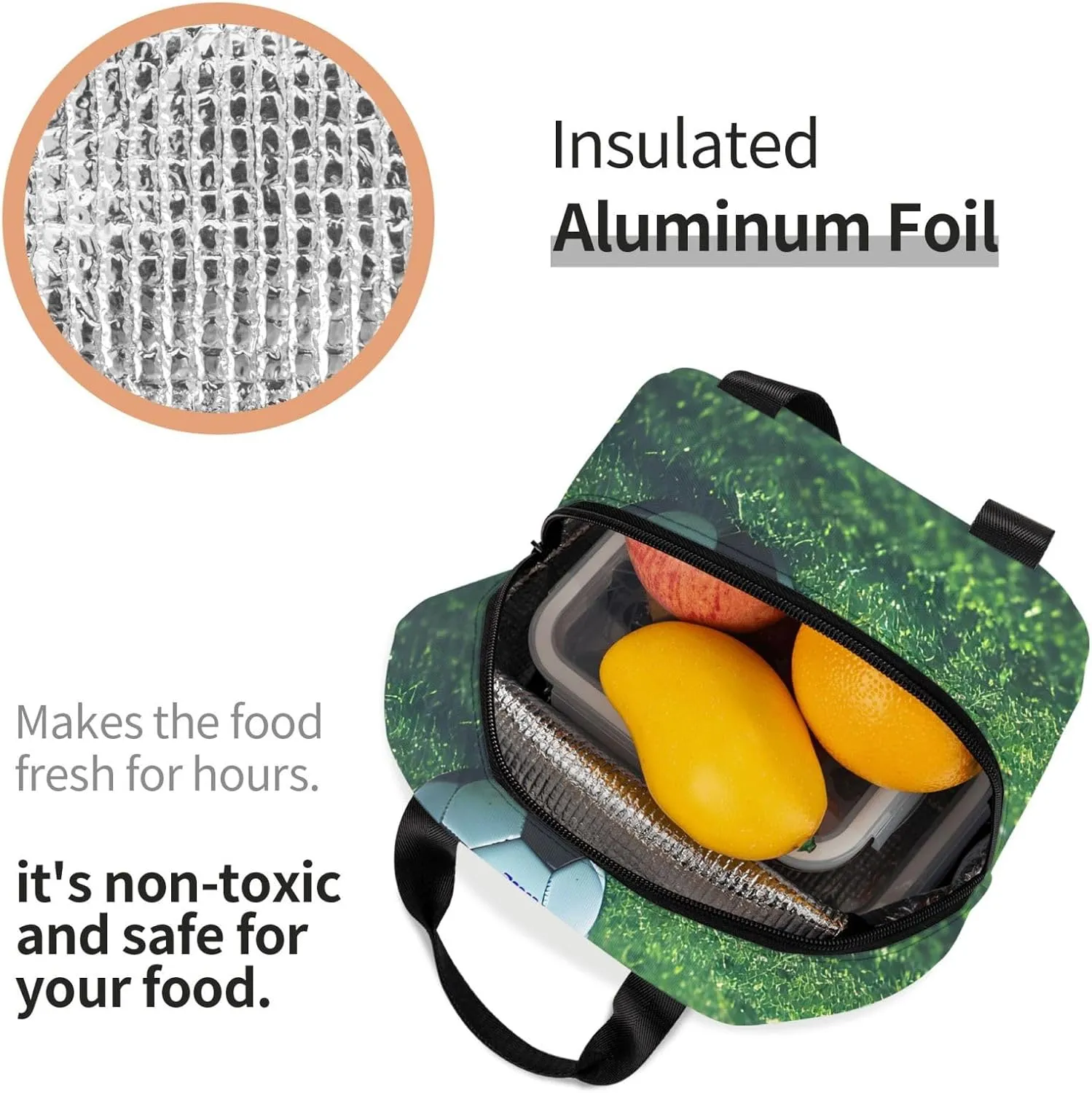 Work Lunch Box,Soccer Ball On Grassy Travel Lunch Bag for Women Men,Large Capacity Reusable Insulated Lunch Container