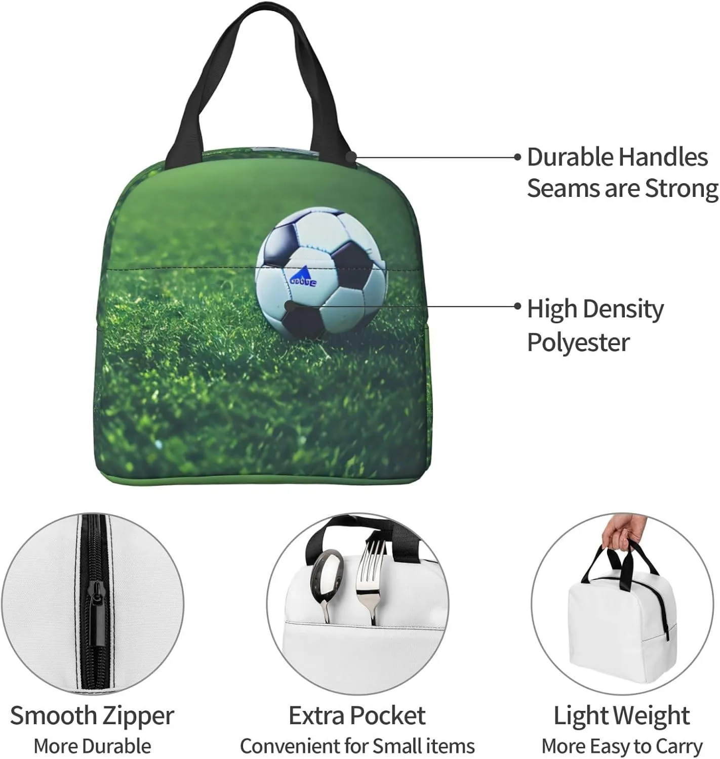 Work Lunch Box,Soccer Ball On Grassy Travel Lunch Bag for Women Men,Large Capacity Reusable Insulated Lunch Container