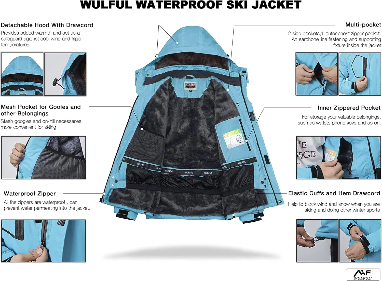WULFUL Men's Waterproof Ski Jacket Warm Winter Snow Coat Mountain Windbreaker