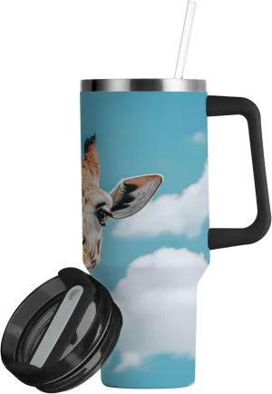 xigua 30 oz Giraffe Tumbler with Handle and Straw Lid, Stainless Steel Vacuum Insulated Sports Water Bottle, Keeps Cold or Hot Coffee Cup Travel Mug
