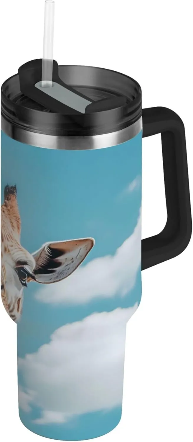 xigua 30 oz Giraffe Tumbler with Handle and Straw Lid, Stainless Steel Vacuum Insulated Sports Water Bottle, Keeps Cold or Hot Coffee Cup Travel Mug