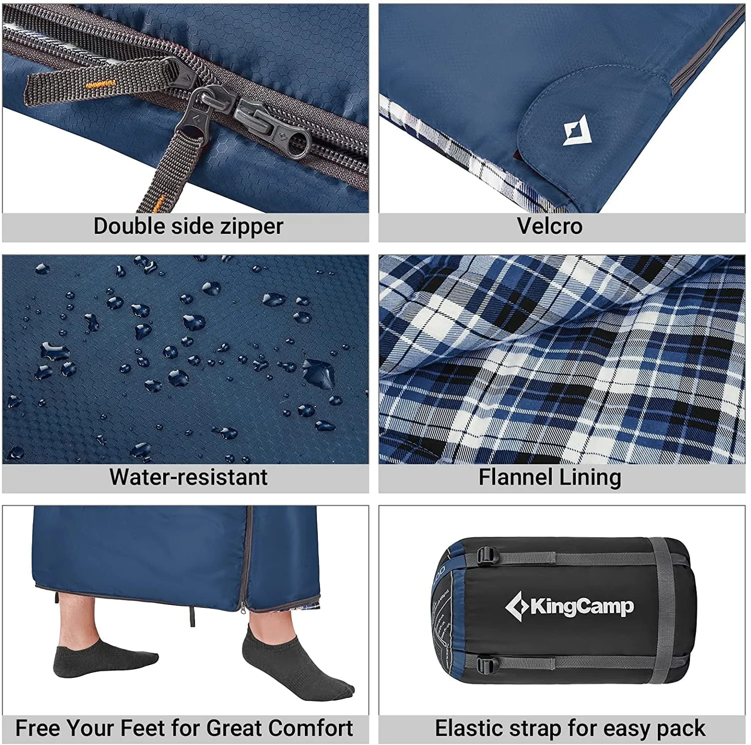XL Flannel Sleeping Bag - Lightweight, Waterproof, 4-Season Comfort for Cold Weather Camping & Backpacking - Zip Together Design - Ideal for Big & Tall Adults - Navy