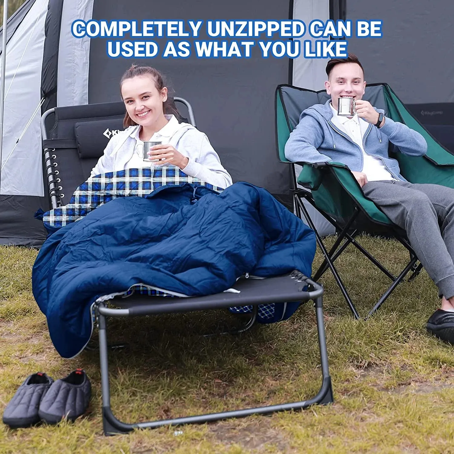 XL Flannel Sleeping Bag - Lightweight, Waterproof, 4-Season Comfort for Cold Weather Camping & Backpacking - Zip Together Design - Ideal for Big & Tall Adults - Navy