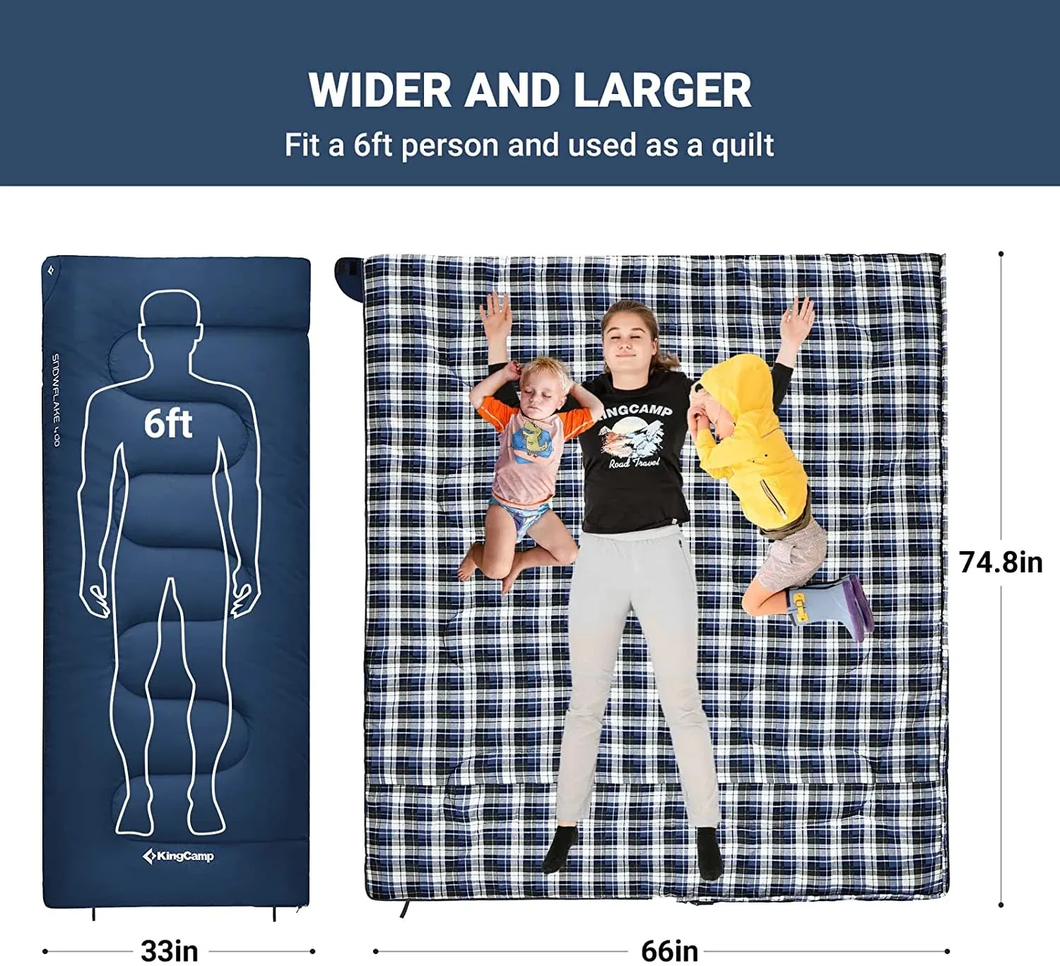 XL Flannel Sleeping Bag - Lightweight, Waterproof, 4-Season Comfort for Cold Weather Camping & Backpacking - Zip Together Design - Ideal for Big & Tall Adults - Navy