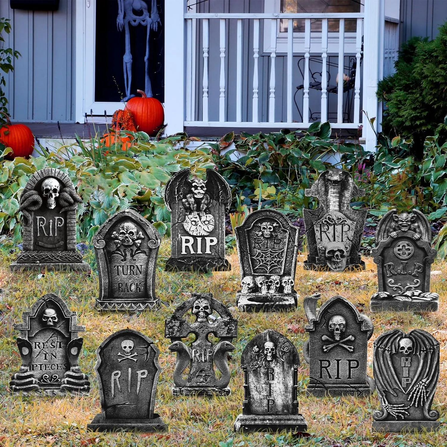 Xuhal 12 Pcs Halloween Decorations Outdoor Tombstone Yard Signs Skull Rip Tombstone Beware Warning Sign with 24 Pcs Lawn Stake Gravestone Headstone Yard Sign for Halloween Garden Decoration(Skull)