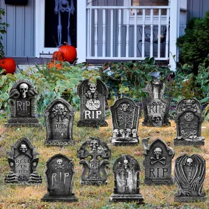 Xuhal 12 Pcs Halloween Decorations Outdoor Tombstone Yard Signs Skull Rip Tombstone Beware Warning Sign with 24 Pcs Lawn Stake Gravestone Headstone Yard Sign for Halloween Garden Decoration(Skull)
