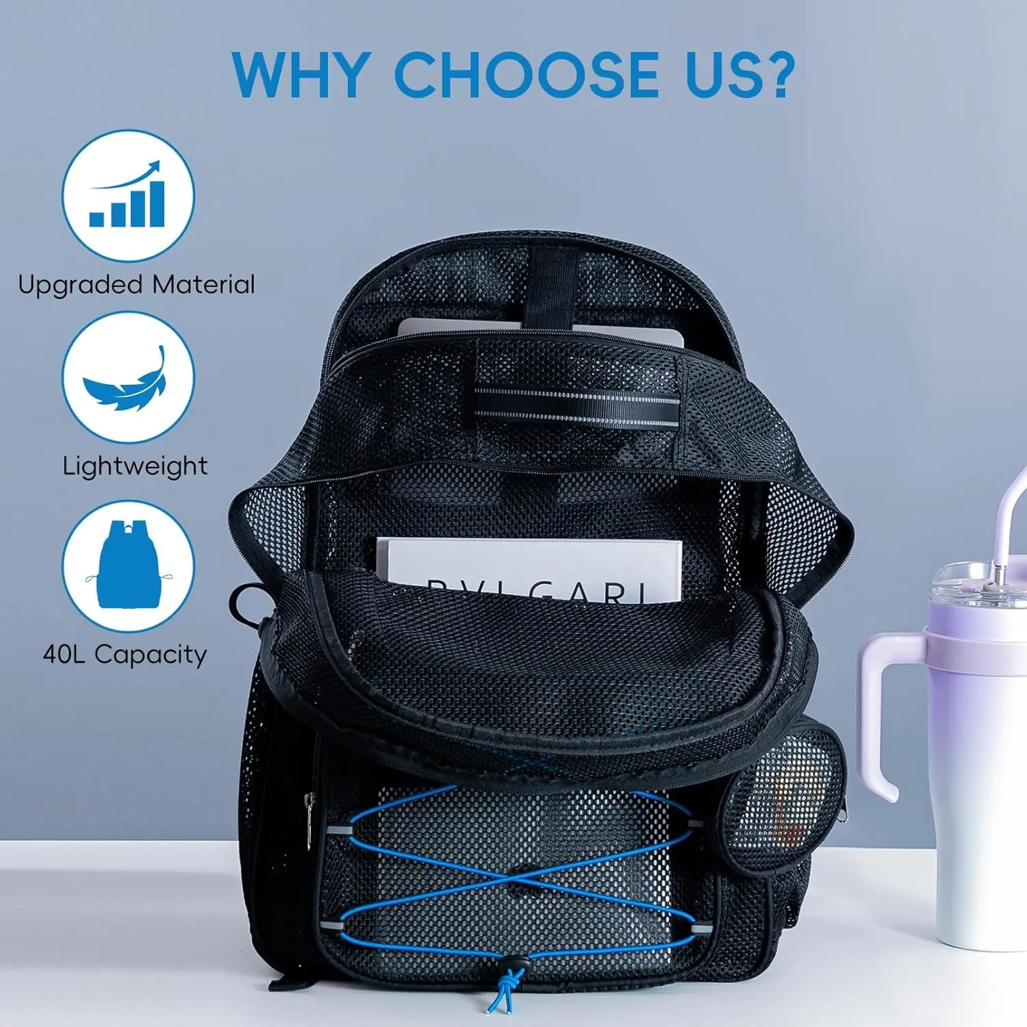 XXLarge Mesh Backpack for School 40L See Through Stylish Heavy Duty Backpack for Girls Boys Kids Adults Beach Travel Hiking Outdoor Sport(Blue)