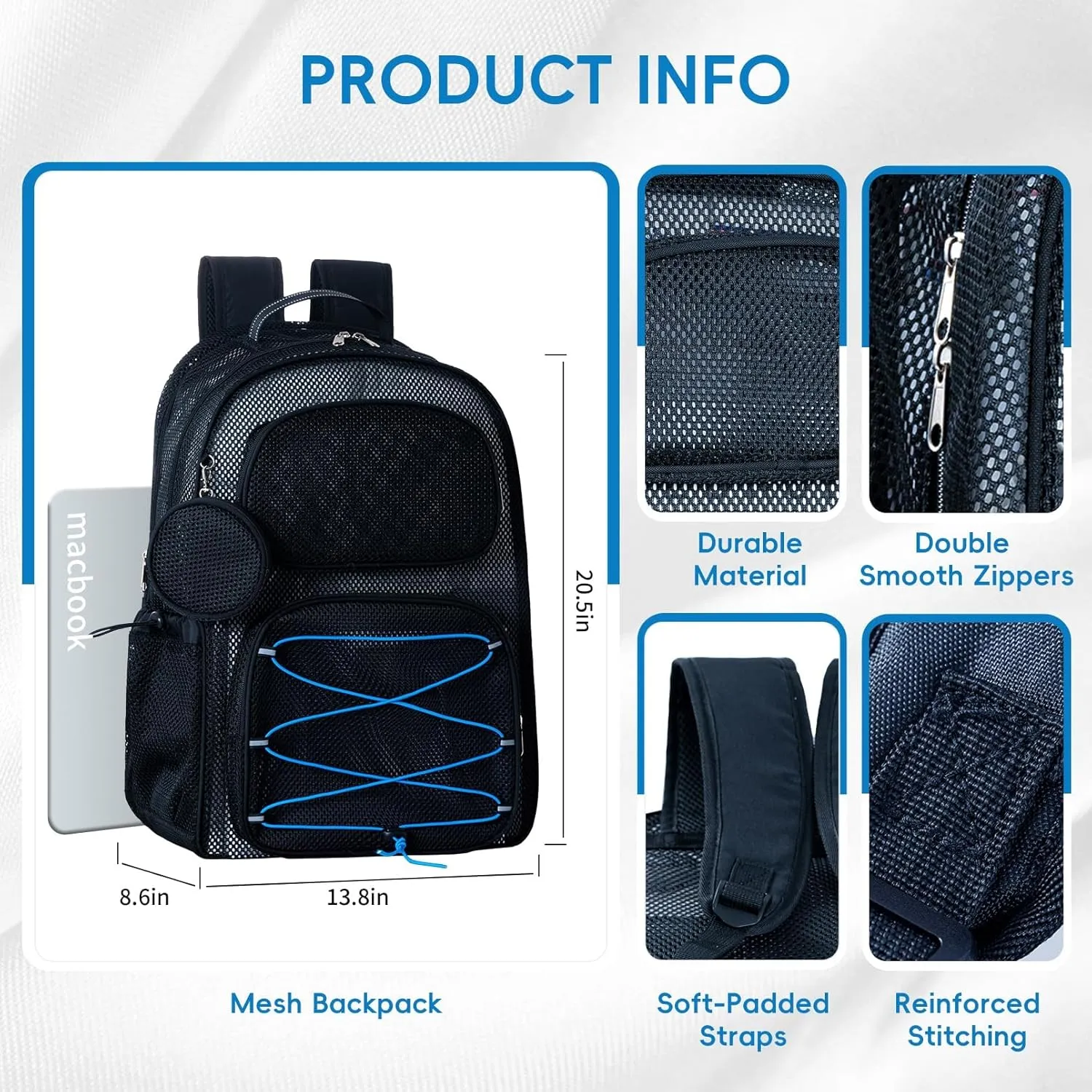 XXLarge Mesh Backpack for School 40L See Through Stylish Heavy Duty Backpack for Girls Boys Kids Adults Beach Travel Hiking Outdoor Sport(Blue)