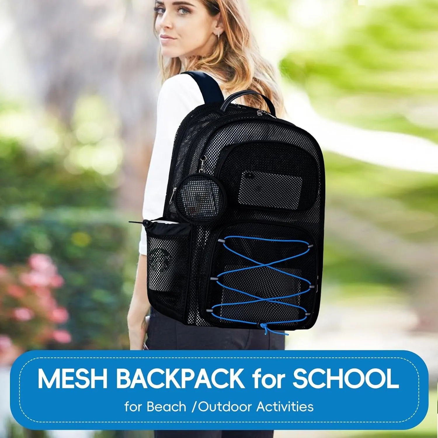 XXLarge Mesh Backpack for School 40L See Through Stylish Heavy Duty Backpack for Girls Boys Kids Adults Beach Travel Hiking Outdoor Sport(Blue)