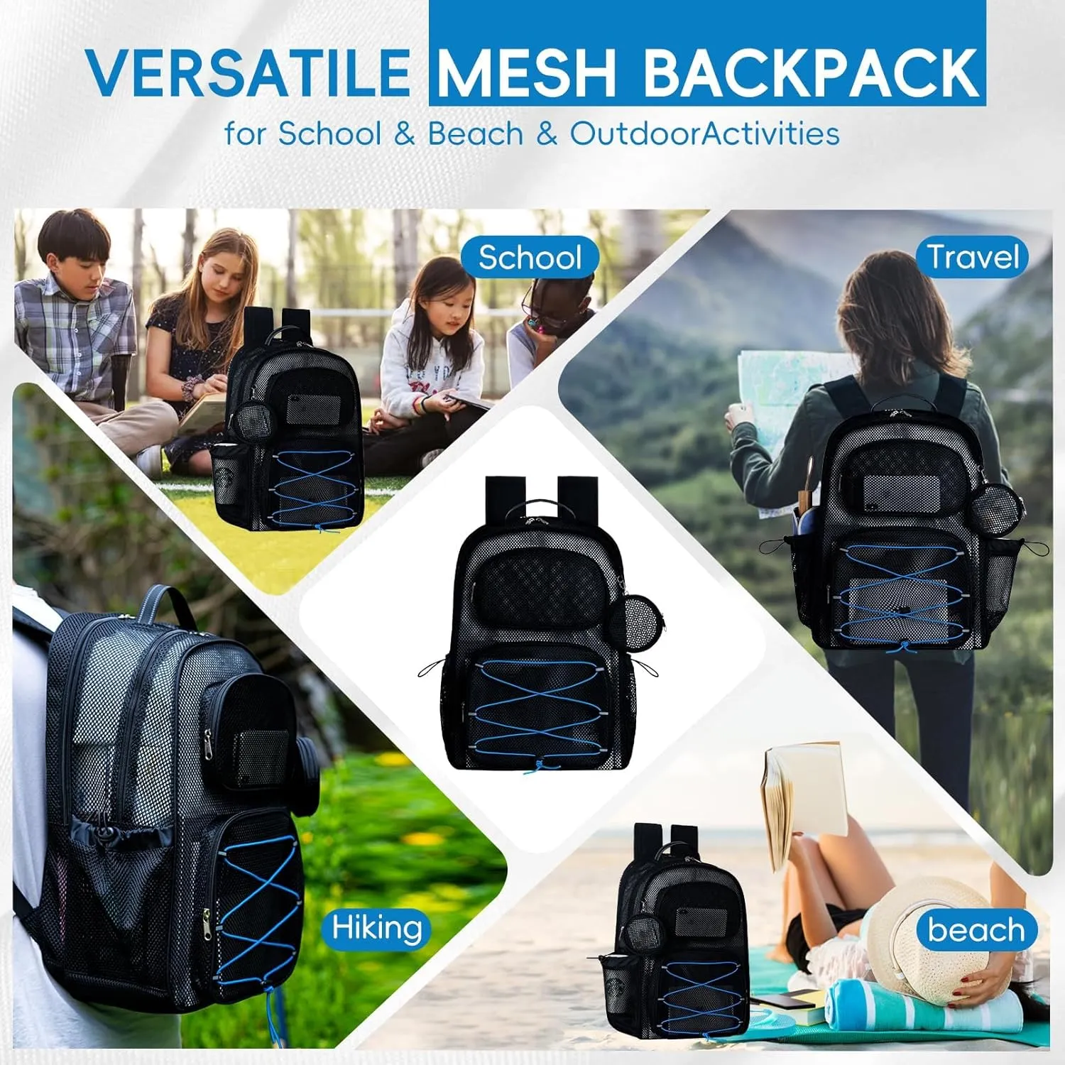 XXLarge Mesh Backpack for School 40L See Through Stylish Heavy Duty Backpack for Girls Boys Kids Adults Beach Travel Hiking Outdoor Sport(Blue)
