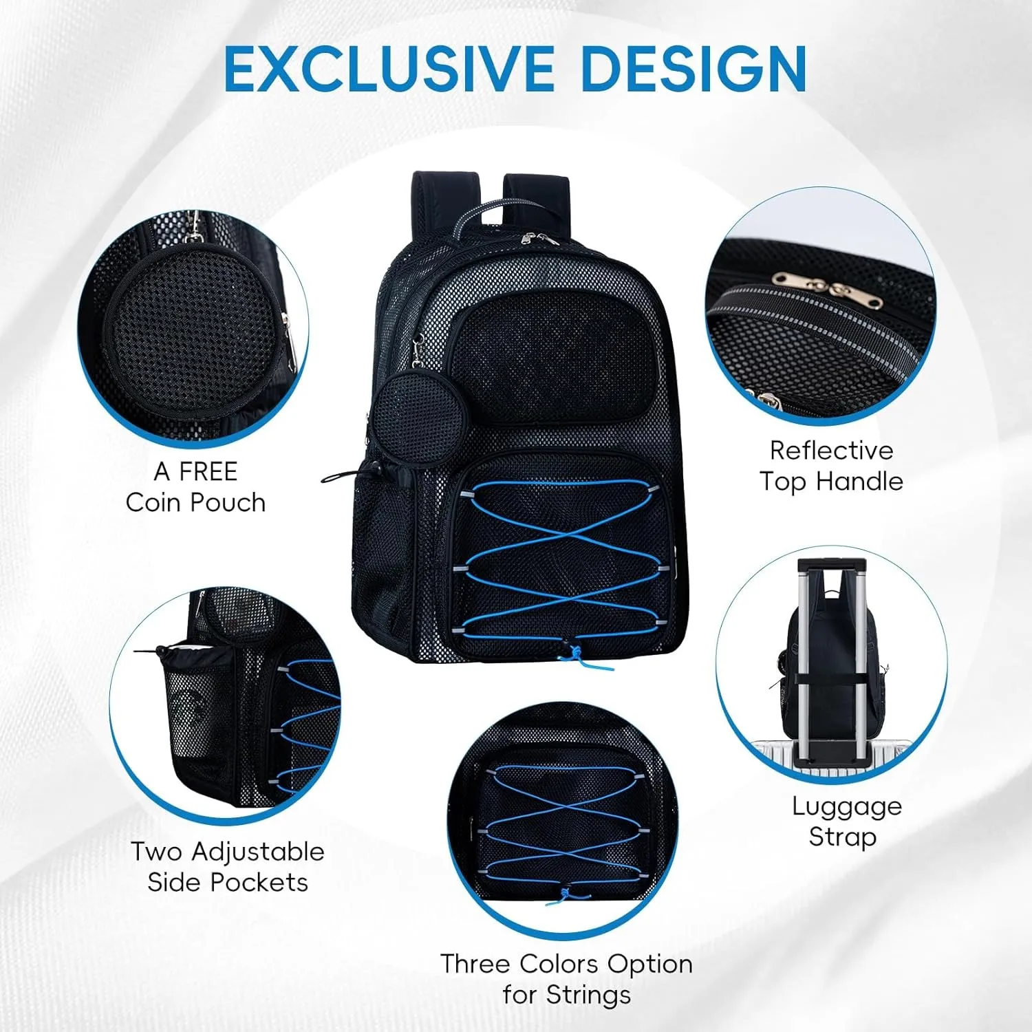 XXLarge Mesh Backpack for School 40L See Through Stylish Heavy Duty Backpack for Girls Boys Kids Adults Beach Travel Hiking Outdoor Sport(Blue)