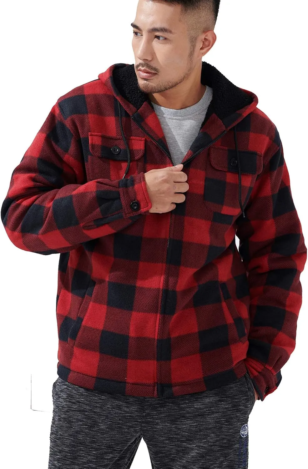 Yasumond Mens Heavy Sherpa Lined Fleece Plaid Flannel Jacket Zip Up Hoodies Warm Winter Coats Big Tall
