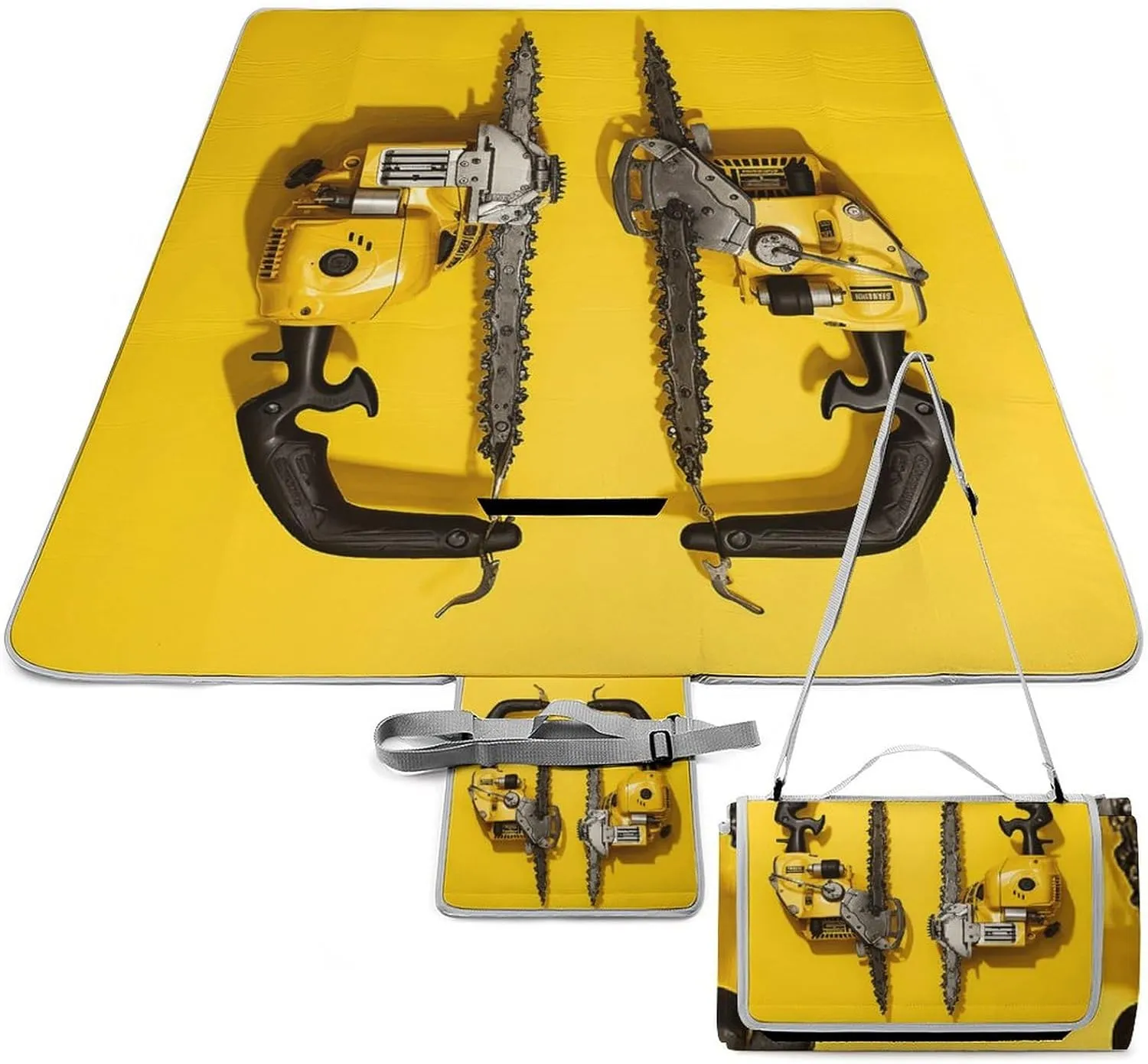 Yellow Two Chainsaws Picnic Blanket Portable Outdoor Mat Waterproof Machine Washable Foldable Park Mat with Sandproof Backing for Grass, Hiking, Travel