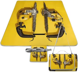 Yellow Two Chainsaws Picnic Blanket Portable Outdoor Mat Waterproof Machine Washable Foldable Park Mat with Sandproof Backing for Grass, Hiking, Travel