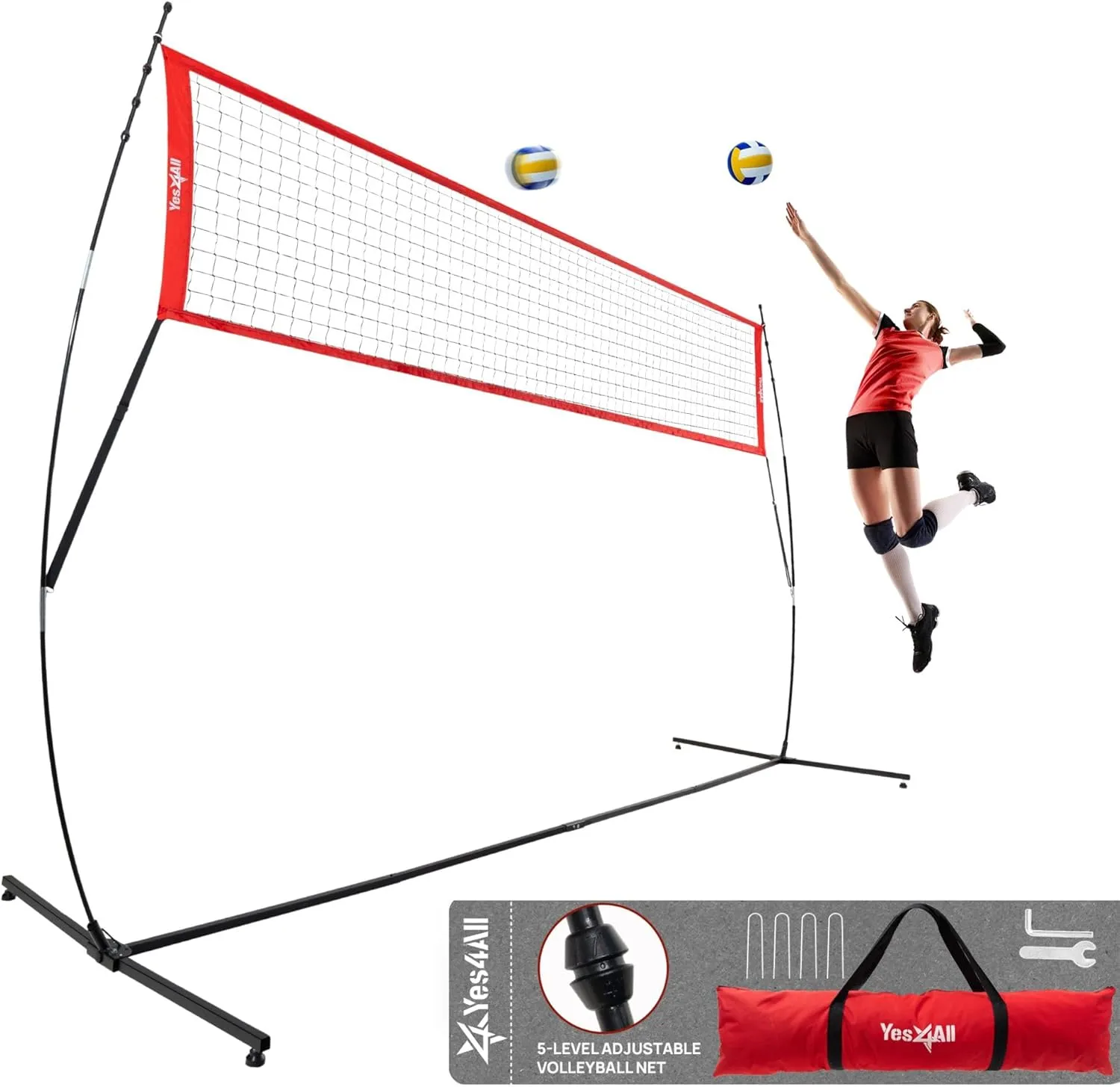 Yes4All Freestanding Volleyball Net with 5 Adjustable Heights, 12ft Portable Volleyball Net for Backyard & Beach, Special Low Middle Bar for Volleyball Outdoor Net to Reduce Tripping