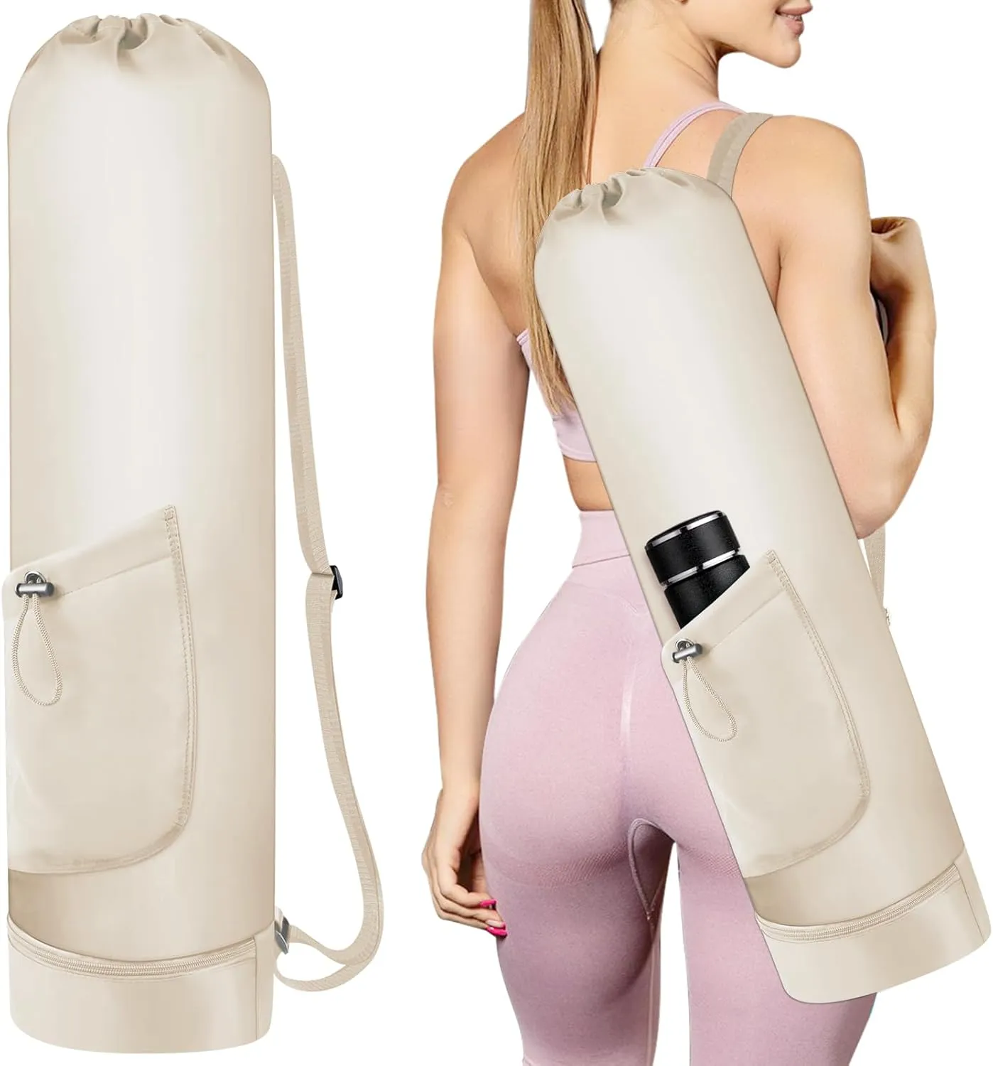 Yoga Mat Bag with Water Bottle, Full Zip Yoga Mat Carrier with Adjustable Strap and Pocket, Waterproof for Women and Men