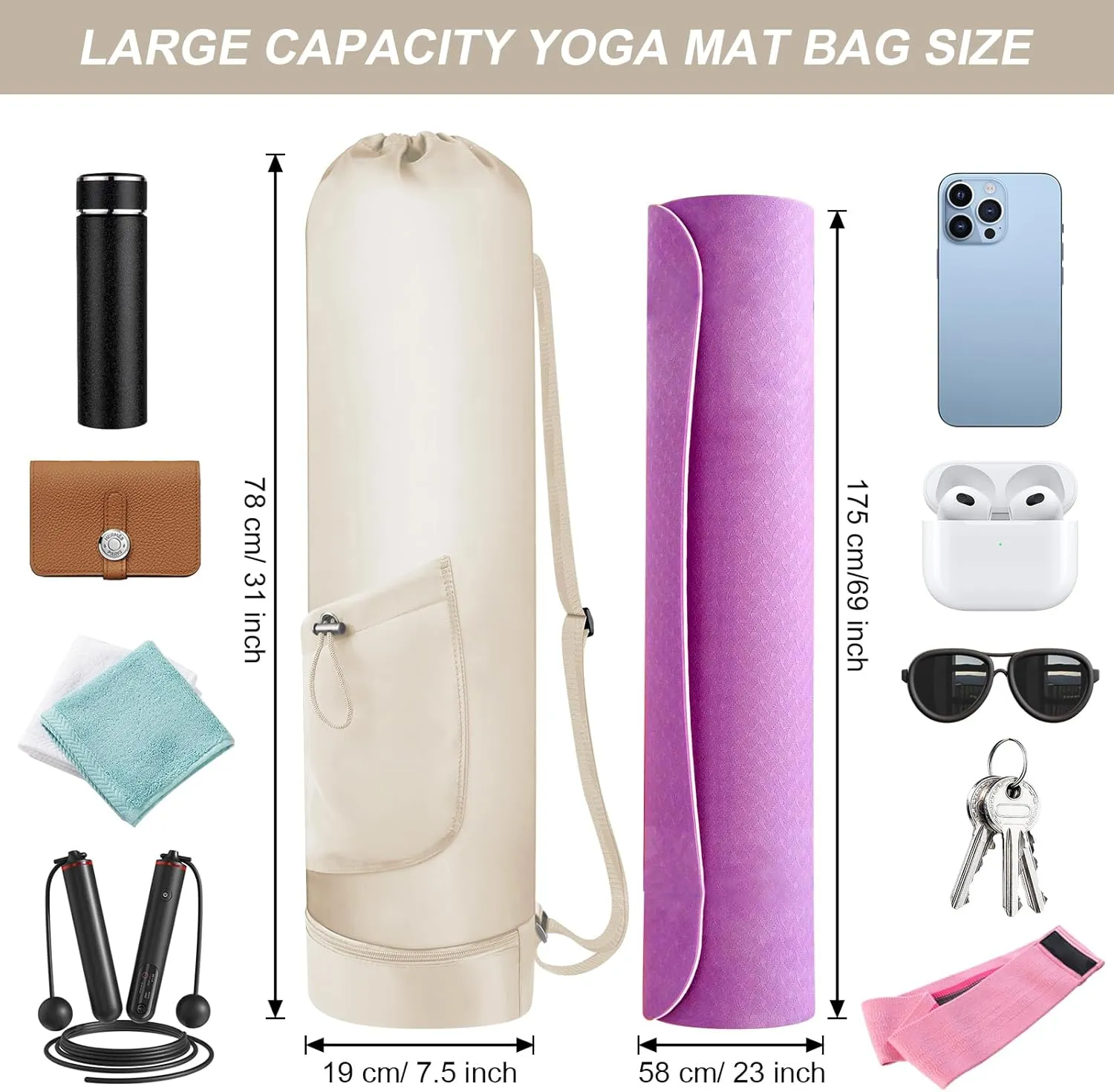 Yoga Mat Bag with Water Bottle, Full Zip Yoga Mat Carrier with Adjustable Strap and Pocket, Waterproof for Women and Men