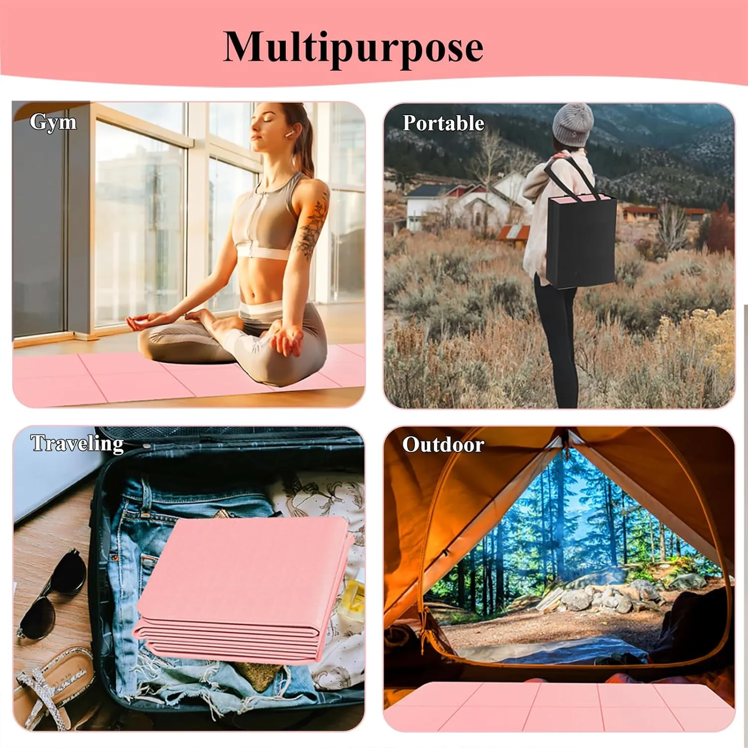 Yoga Mat for Travel, Non-Slip Yoga Mat, Exercise Mat 1/4" Thick Yoga Mat Foldable, Perfect for Pilates, Outdoor & Travel, TPE Anti-Slip Yoga Mat with Carry Bag