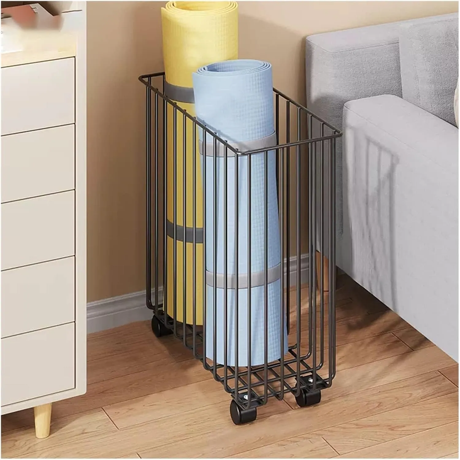 Yoga Mat Organizer Basket with Lockable Wheels,Portable Sports Equipment Storage Cart for Home/Fitness Room/Gym, Easy to Clean(Black)