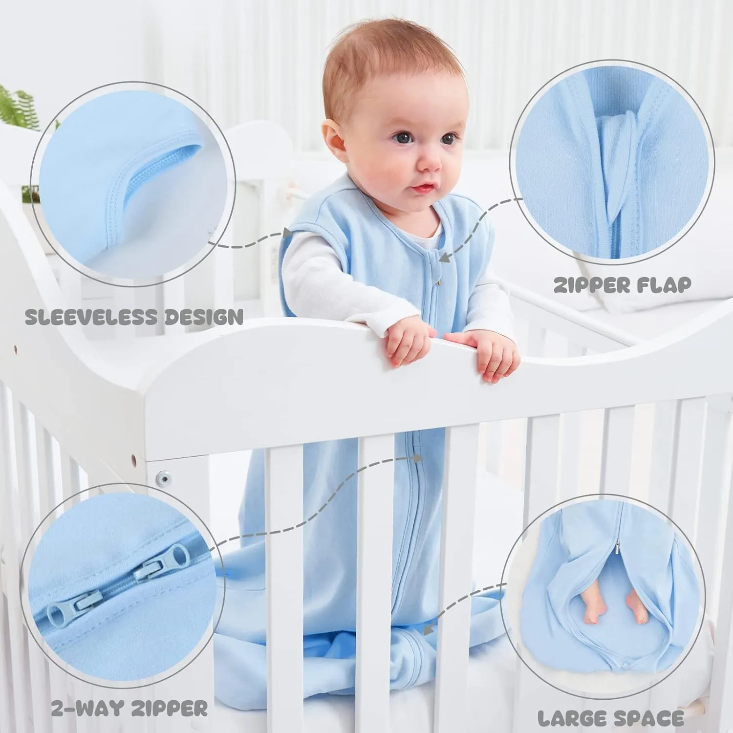 Yoofoss Baby Sleep Sack 12-18 Months 100% Cotton 0.5 TOG Baby Sleeping Bag 2-Way Zipper Toddler Wearable Blankets 3 Pack Breathable Lightweight (Large)