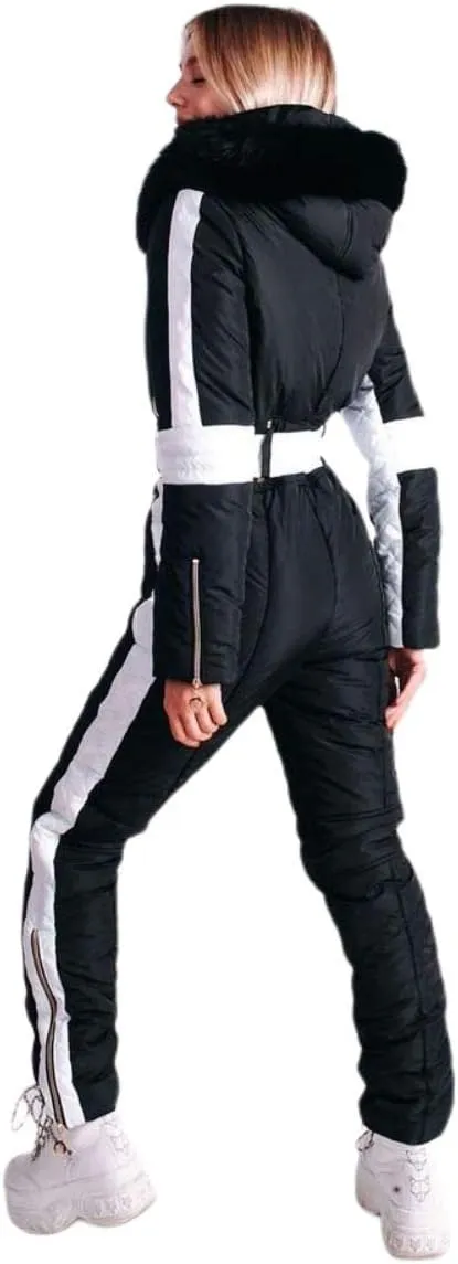 Yousify Womens Winter Onesies Ski Jumpsuits Outdoor Sports Waterproof Snowsuit Removable Fur Collar Coat Jumpsuit